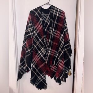 Plaid Fringe Shawl in Black and Red